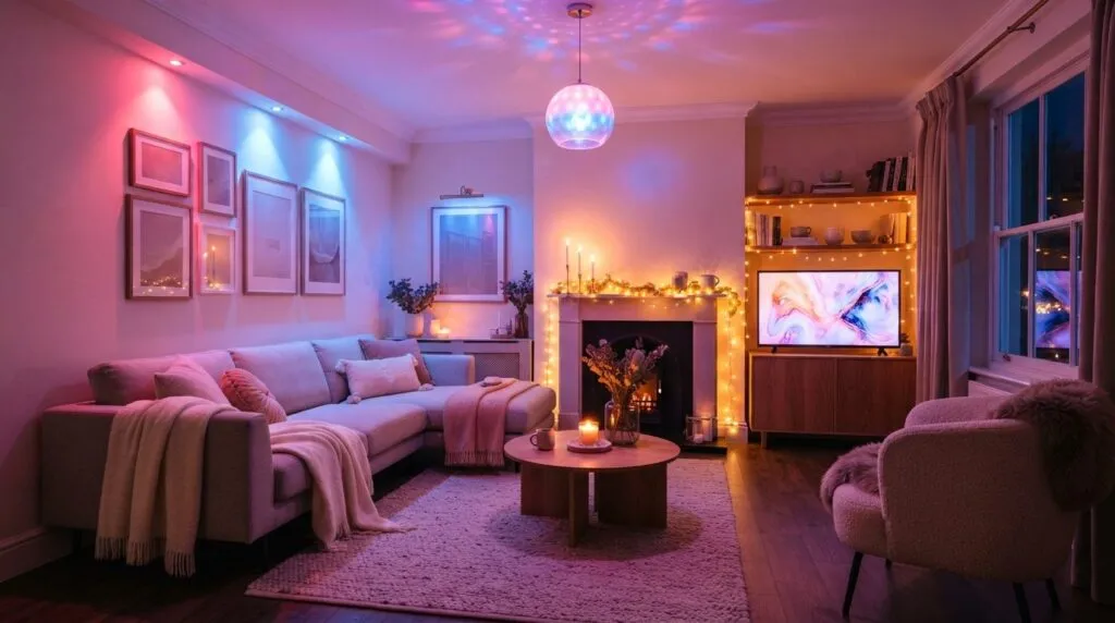 Professional interior photograph of a Scandinavian-style liv
