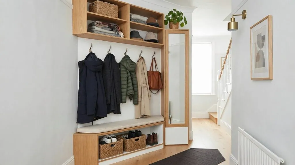 Bright, clean professional photograph of a narrow hallway wa